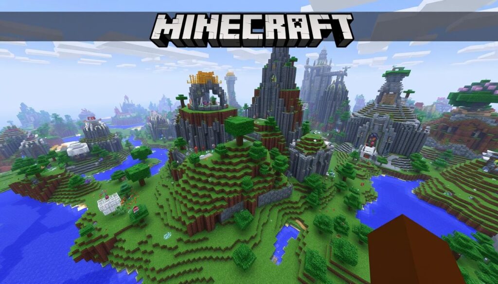 Imagem de uma tela de jogo do Minecraft com um mundo de blocos