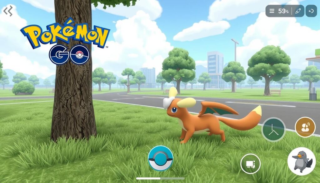 Imagem de uma tela de jogo do Pokémon Go com um Pokémon na vida real