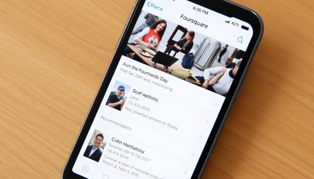 Imagem do Foursquare em funcionamento no iPhone, mostrando recomendações de lugares.
