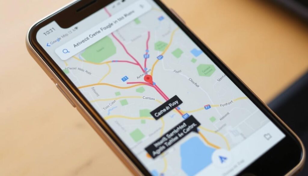 Imagem do Google Maps em funcionamento no iPhone, mostrando rotas e informações de tráfego.