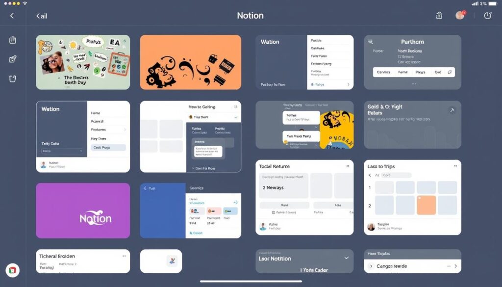 Imagem do aplicativo Notion em funcionamento, mostrando diferentes modelos de organização.