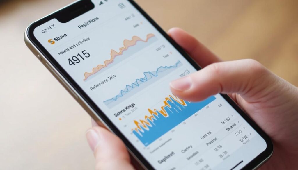 Imagem do aplicativo Strava em funcionamento, mostrando gráficos de atividades físicas.